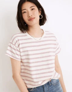 Madewell Rib Crewneck Tee Womens Size S Beige Jacquard Stripe Pullover - Picture 1 of 10