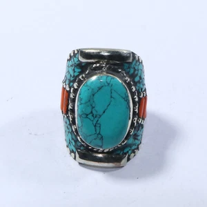 Anillo Genunine Rojo Coral Turquesa Piedra Tibetano Hecho a Mano Bohemio Único Talla 10 - Imagen 1 de 7