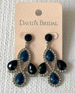 Teal & Dark Blue Dangle Earrings Faceted Cabochon Beads Small Rhinestones - Picture 1 of 4