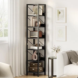 6-Tier Corner Bookshelf Metal & Wood Bookcase Open Storage Shelf Display Rack - Picture 1 of 22