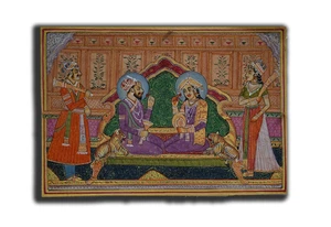 Shah Jahan & Mumtaz Sitting on Tiger Throne Handmade Painting 6.75 x 10 in - Picture 1 of 3