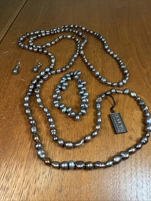 "Collar y pendientes a juego Honora largo gris perlas pavo real 58""" Foto 1 de 4