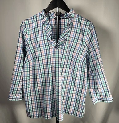 Talbots Petites Women’s Ruffle Neck Popover Blouse Top Gingham Plaid Size 16P - Image 1 of 4