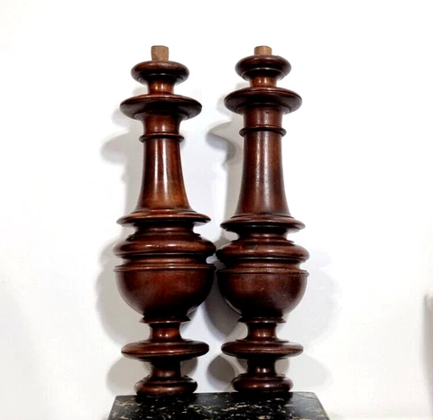 Pair baluster groove wood turned column Antique french architectural salvage 13" Cover