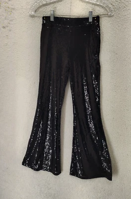 H M Women Pants 12 Black 100% Polyester Sequin Pull On Flared Leg Regular Fit - Image 1 of 4