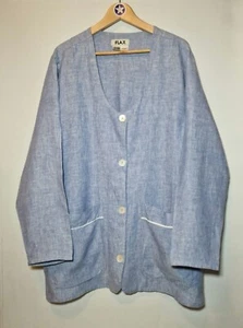 FLAX Linen Jacket Size L Sky Blue Lagenlook Button Up Pockets Minimalist Pearl - Picture 1 of 10