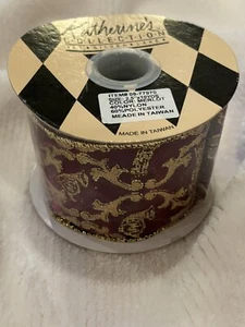 New Katherine’s Collection Merlot Gold Christmas Wired Ribbon 2.5"W x 10 Yards - Picture 1 of 3