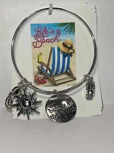New Life's A Beach Theme Bangle Charm Bracelet Silver Handmade Expandable - Picture 1 of 4