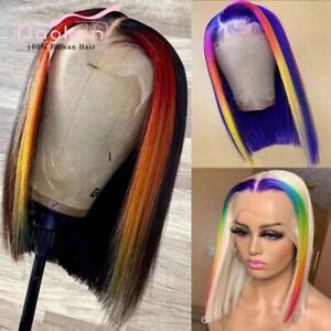 Rainbow Highlight Bob Wig Human Hair 13x6 HD Lace Frontal Wig Glueless For Women