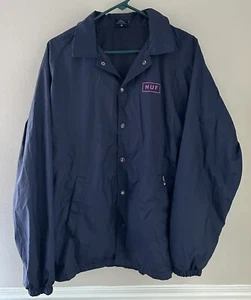 HUF Worldwide Windbreaker Coaches Jacket Navy Mens Size Medium Worn NYC SB Dunks - Picture 1 of 4