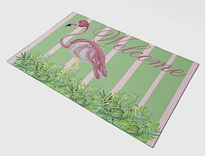 Cute fun pink green Flamingo stripes summer preppy garden doormat mat welcome - Picture 1 of 1