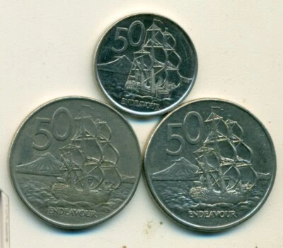 3 - 50 CENT COINS w/ SHIPS from NEW ZEALAND - 1971, 1988 & 2015 (3 TYPES) - Image 1 of 2
