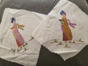 Duo broderies anciennes main couleur chinoise japonnaise T3-52 - Picture 1 of 5