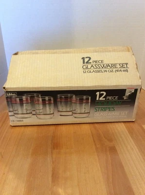 Vintage Libbey Holiday Stripe Glass Set Of 12 Double Old Fashion New in Box - Image 1 of 4