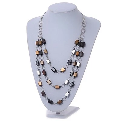 Слоистая бронза/черный/серебро дерево из бисера серебряного тона шнур ожерелье - 86 см L - Изображение 1 из 4