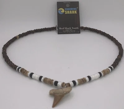 Charming Shark Surfer Necklace Brown Tan White Black Beads 18"+2.7" 3094 BOGO! - Image 1 of 2