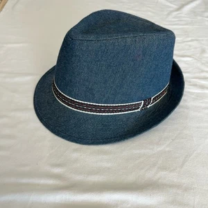 Zara Hat Boys Fedora Blue Patterned Band Denim Lightweight Modern Trendy - Picture 1 of 9