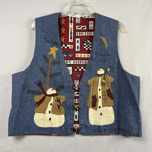 Gilet natalizio fatto a mano anni 90 taglia L reversibile cotone pupazzo di neve casetta - Foto 1 di 10