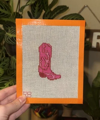 Pink Cowboy Boot Needlepoint Hand painted Canvas - Image 1 of 4