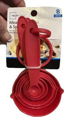 MAINSTAYS RED 8 PIECE MEASURING CUP SPOONS SET KITCHEN TOOLS DORM BAKE GIFT NEW - Image 1 of 4