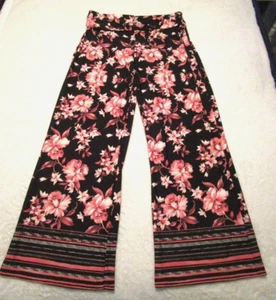 Robert Louis Black Floral Wide Leg Pull-On Casual Boho Pants - Size XL Inseam 30 - Picture 1 of 7