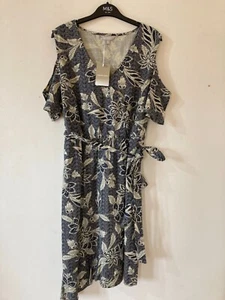Anthology Navy/Ecru Cold Shoulder Wrap Style Linen Mix Midi Dress, Size 14, BNWT - Picture 1 of 7