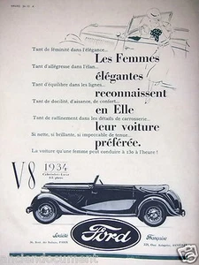PUBLICITÉ DE PRESSE 1934 FORD V8 CABRIOLET LUXE SOCIÉTÉ FRANÇAISE - Picture 1 of 1