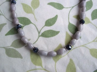 14 1/2 Inch GREY Glass and BLACK Crystal Bead SILVER Spacer Necklace CHOKER G-55 - Image 1 of 4