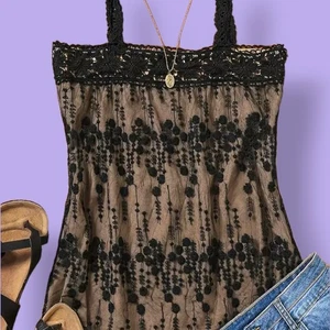 Sleeveless Sheer Mesh Floral Jacquard Lace Trim Square Neck Lace Detail XL - Bild 1 von 8