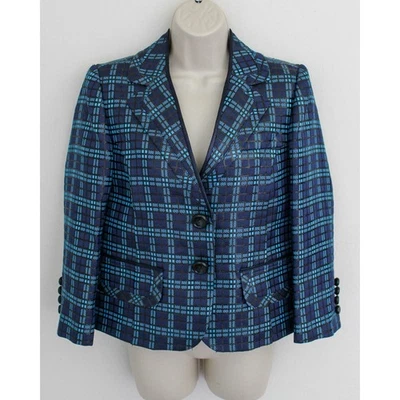 Marc Jacobs Blazer Jacket Womens 4 Blue Plaid Silk Blend Snap Buttons Evening - Image 1 of 4