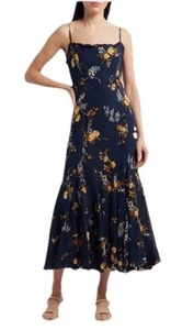 Reformation Lilibet marineblaues Midikleid Blumenmuster Rüschen Damengröße 10 neu mit Etikett $$$ - Bild 1 von 5