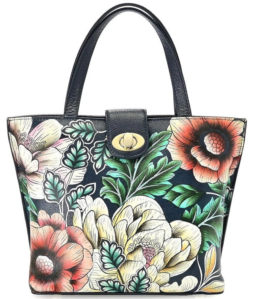 NOVO - Bolsa tote de compras Anuschka de couro pintada à mão com trava - FLORAL NOTURNA - Imagem 1 de 1