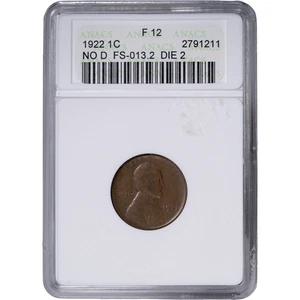 1922 NO D Lincoln Cent - FS-013.2 DIE 2 Strong Reverse ~ ANACS F 12 - Soapbox - Picture 1 of 2