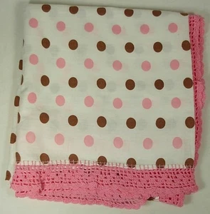 VINTAGE COTTON TABLECLOTH PINK BROWN POLKA DOTS 35" X 37" CROCHET EDGE - Picture 1 of 2