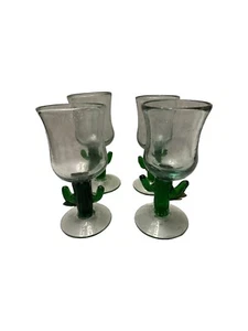 Calice vetro soffiato a mano arte messicana vetro bolla bicchiere vino Saguaro cactus 7" set di 4 - Foto 1 di 4