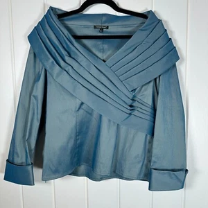 SAMUEL DONG Top Women's Large Blue Faux Wrap Front Formal Blouse 3/4 Sleeves - Picture 1 of 8