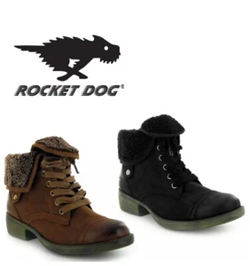 Womens Girls Rocket Dog Tiffany Burnie Shearling Warm Lace Up Ankle Boot Black - Picture 1 of 13