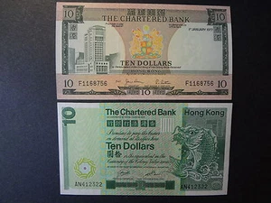 HONG KONG 1977, 1981 CHARTERED BANK 10 DOLLARS, 2 NOTES (B), CHOICE EF+++ ! - Picture 1 of 2