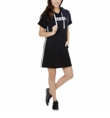 NWT DKNY BLACK W/STRIPES SPORT LOGO KANGAROO POCKET DRESS SZ S #C184 - Image 1 of 4