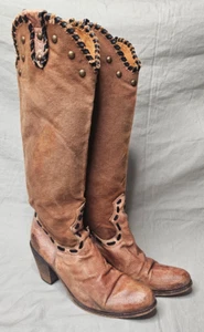 Boots Made in Italy Womens US 8.5 EUR 39 Leather Canvas Gypsy Block Heel Studded - Picture 1 of 15