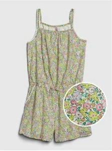 New Gap Kids Girls Pastel Pink Yellow Floral Cotton Pom Pom Tank Romper 14 16 - Picture 1 of 4