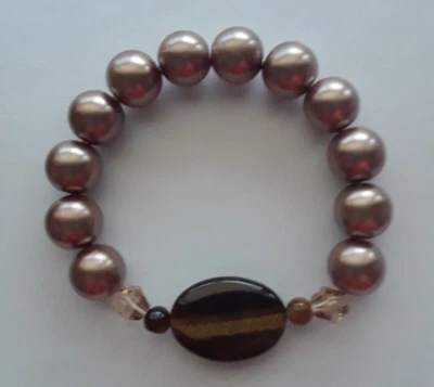 NUEVO BRAZALETE OVALADO OJO DE TIGRE Y PERLAS CRISTAL AVELLANA 12MM, COMPRA 2 OBTÉN EL TERCERO GRATIS Foto 1 de 3