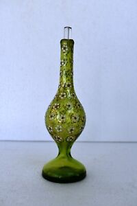 Antique Islamic Rosewater Sprinkler Enameled Beaded Green Glass Bohemian Bottl"3