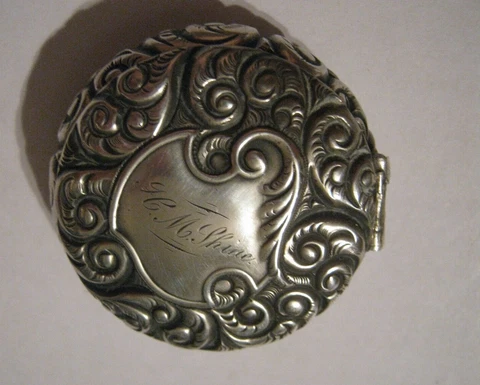 S (Shubael) Cottle NY (1865-1878) Sterling Silver 2" Pill Box # 210, H.M. Shine Cover