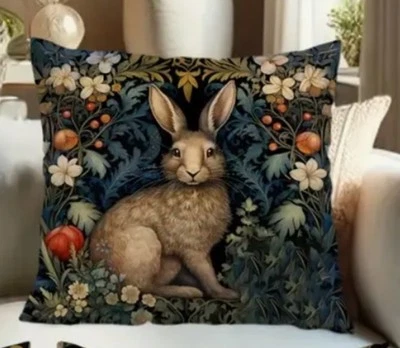 William Morris Abstract Floral Bunny Design Linen Throw Pillow Cover Home Decor - Image 1 of 4