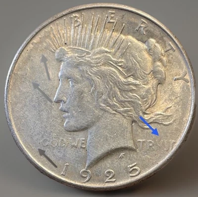 NICE!! 1925 Peace Dollar Struck Through Grease Mint Error! Obv. See Pics! PD-002 - Image 1 of 3