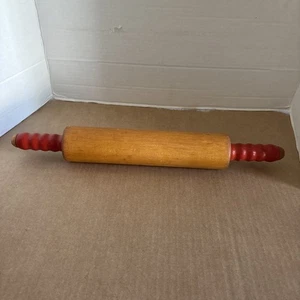Vintage roter Griff Holz Nudelholz Retro Geschirr 17" - Bild 1 von 4
