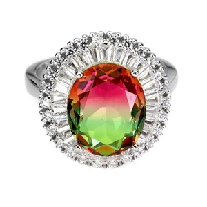 925 Sterling Silver Ring Oval Tourmaline Synthetic Watermelon 12x10mm Size 7.5 - Picture 1 of 13