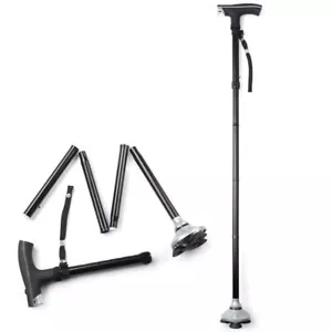 Folding Walking Stick Pole Lightweight Compact Travel Adjustable With Torch - Picture 1 of 7