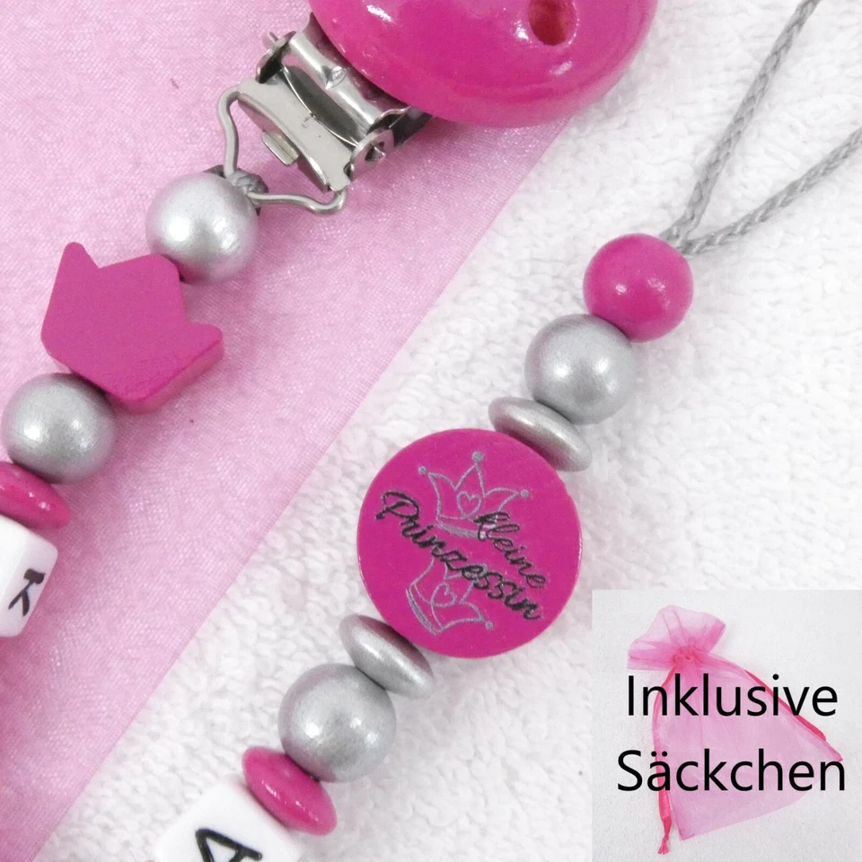 GIFT-STORE24 Schnullerkette mit Namen, pink, silber, kleine Prinzessin, Krone, Mädchen, Baby